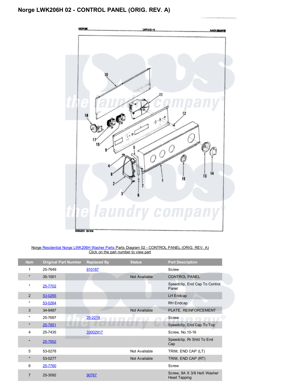 Norge LWK206H Parts Diagram