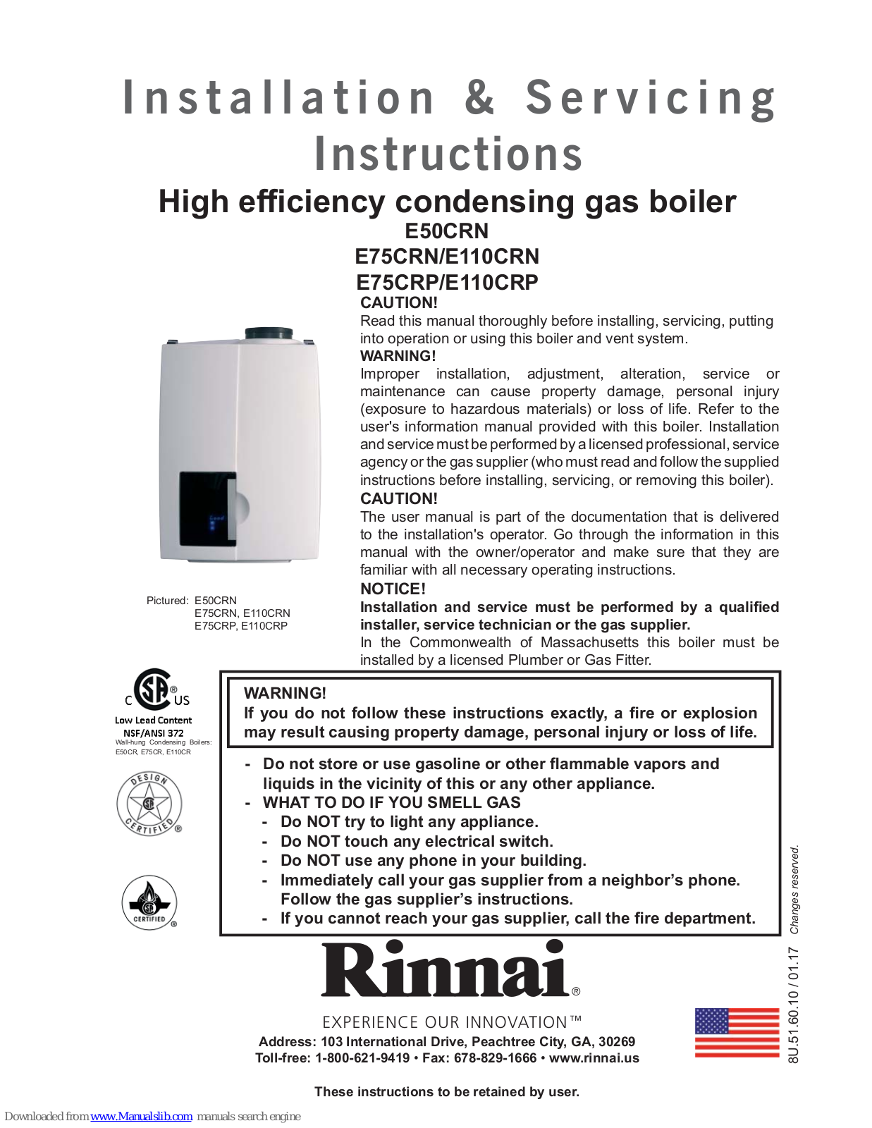 Rinnai E50CRN, E75CRN, E110CRP, E75CRP, E110CRN Installation & Servicing Instructions Manual