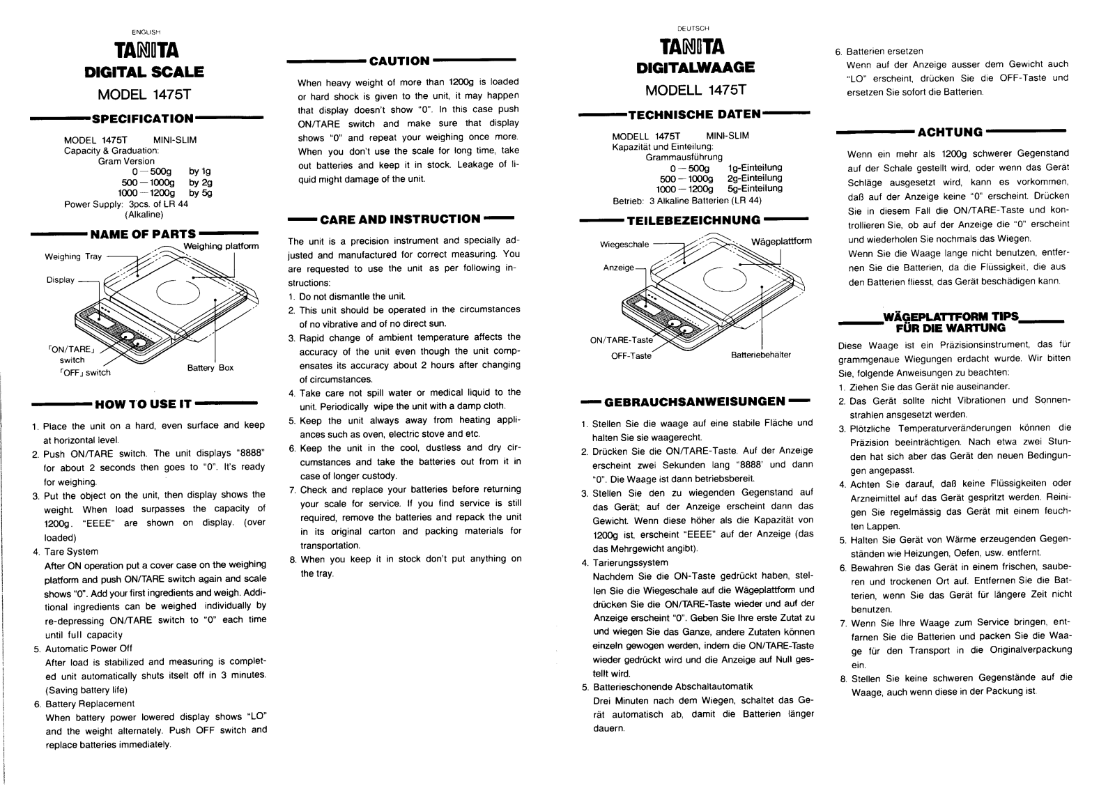 Tanita 1475T Owner's Manual