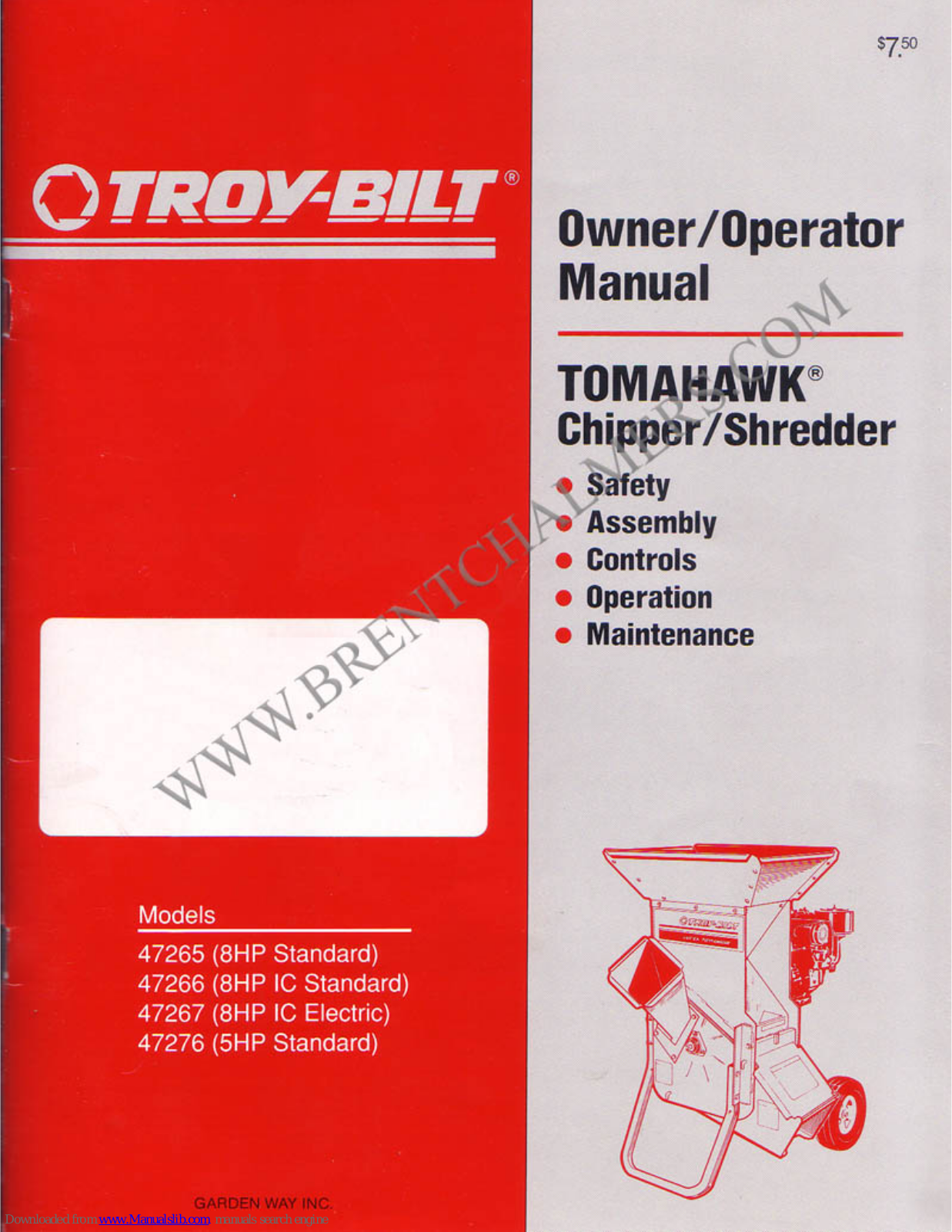 Troy-Bilt Tomahawk 47265, Tomahawk 47266, Tomahawk 47267, Tomahawk 47268 Owner's/operator's Manual