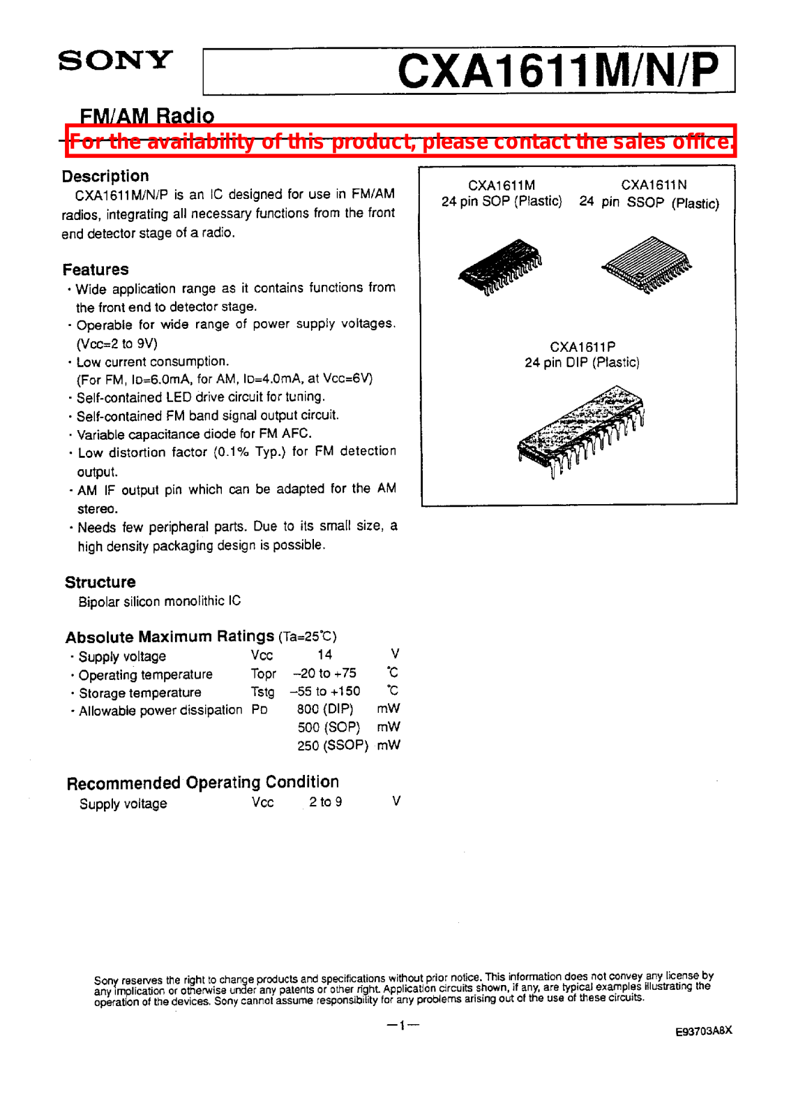 Sony CXA1611P, CXA1611N, CXA1611M Datasheet