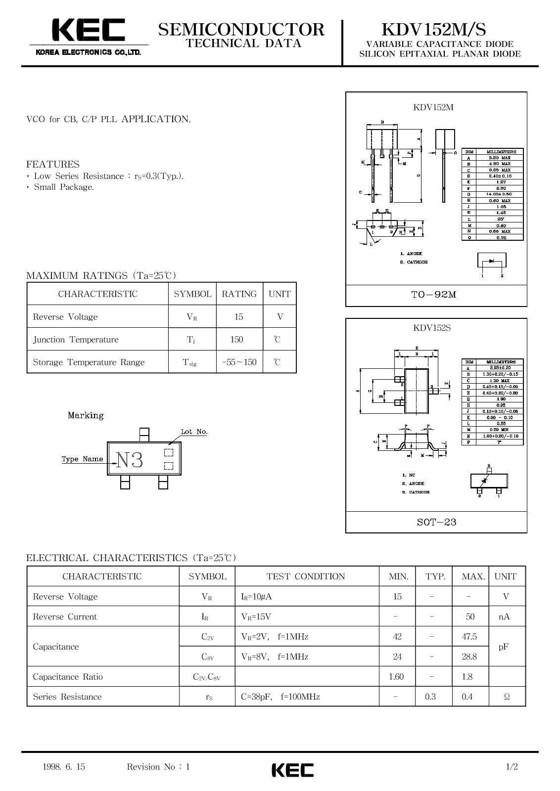 KEC KDV152S, KDV152M Datasheet