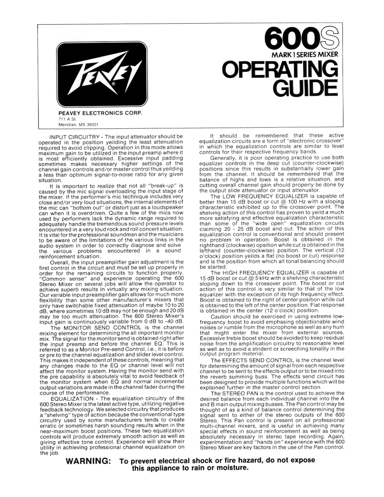 Peavey 600S Operating Manual