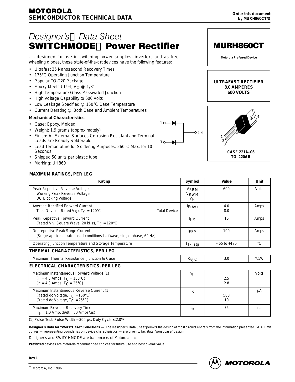 Motorola MURH860CT Datasheet