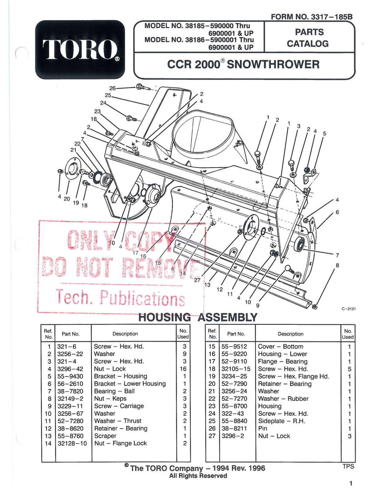 Toro 38185, 38186 Parts Catalogue