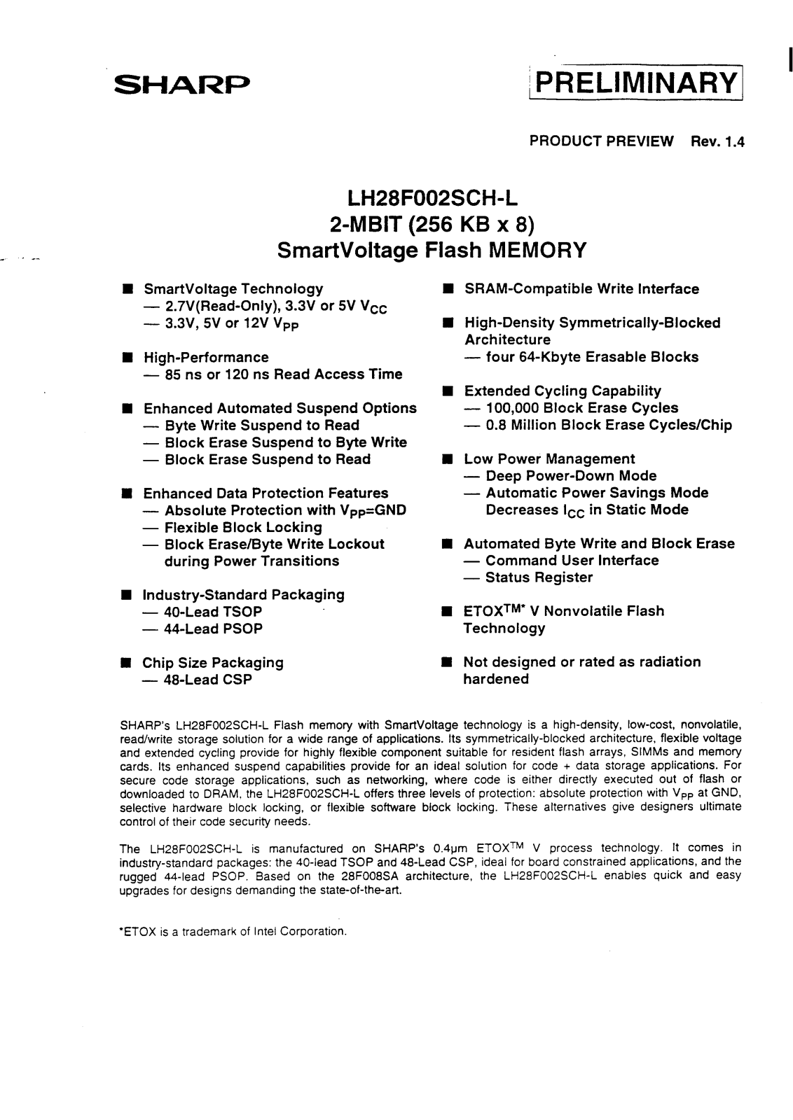 Sharp LH28F002SCB-L90, LH28F002SCB-L85, LH28F002SCB-L170, LH28F002SCB-L12, LH28F002SCN-L120 Datasheet