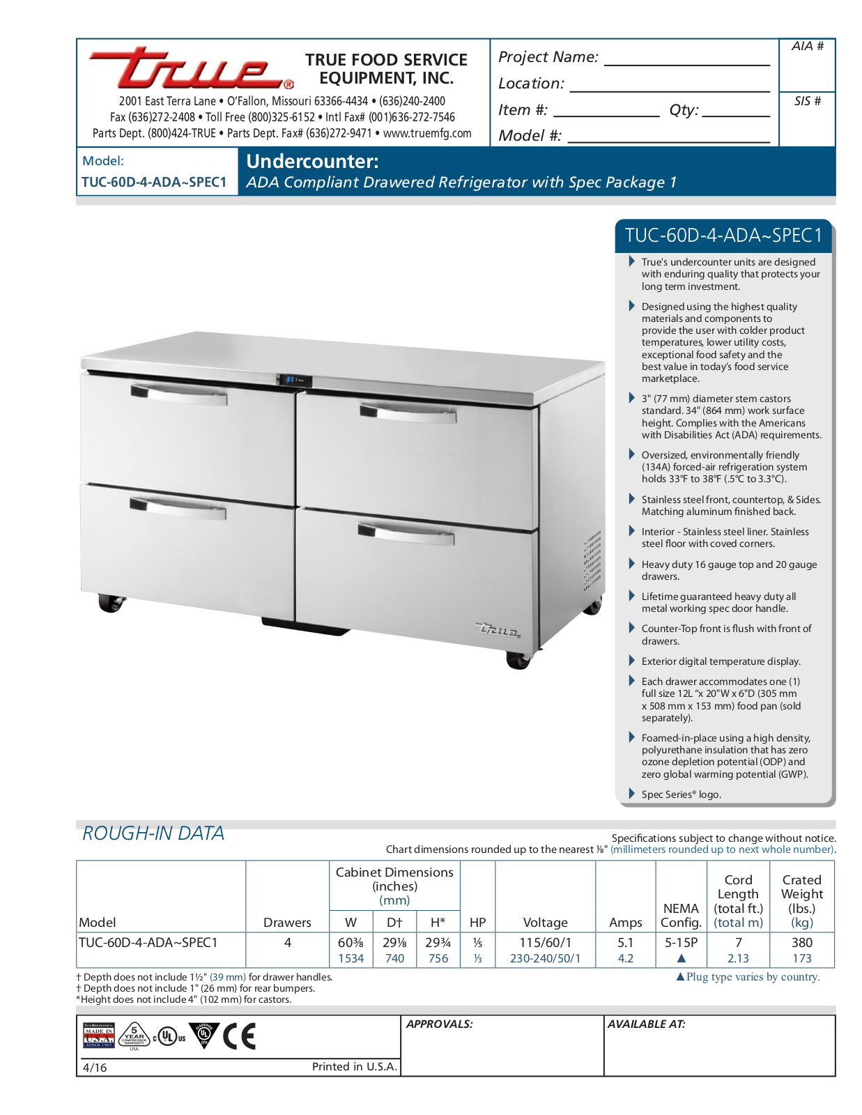 True TUC-60D-4-ADA User Manual