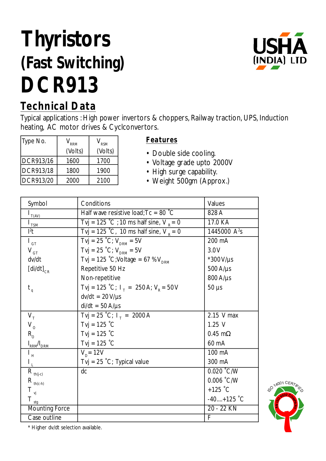 USHA DCR913-18, DCR913-16, DCR913-20 Datasheet