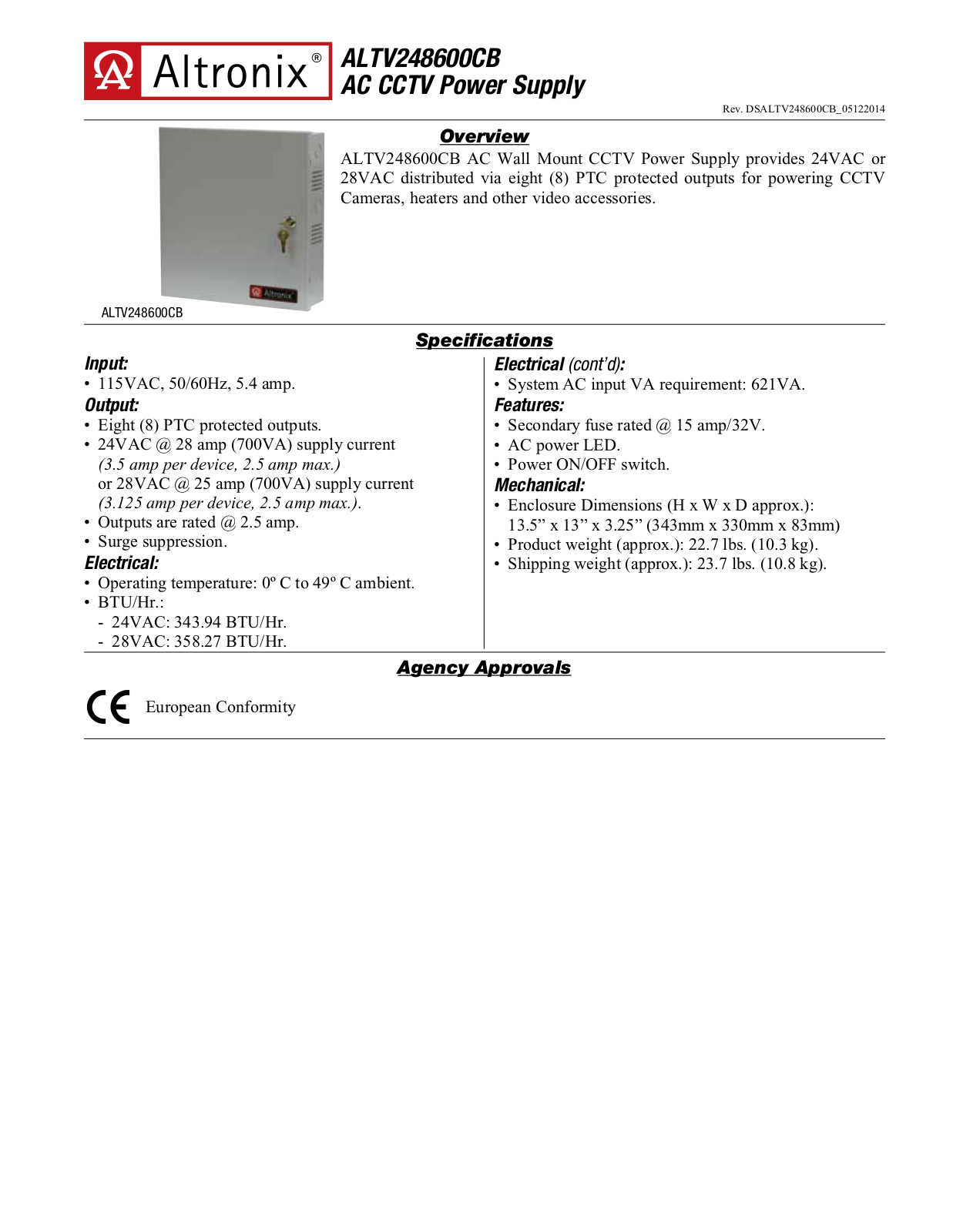 Altronix ALTV248600CB Specsheet