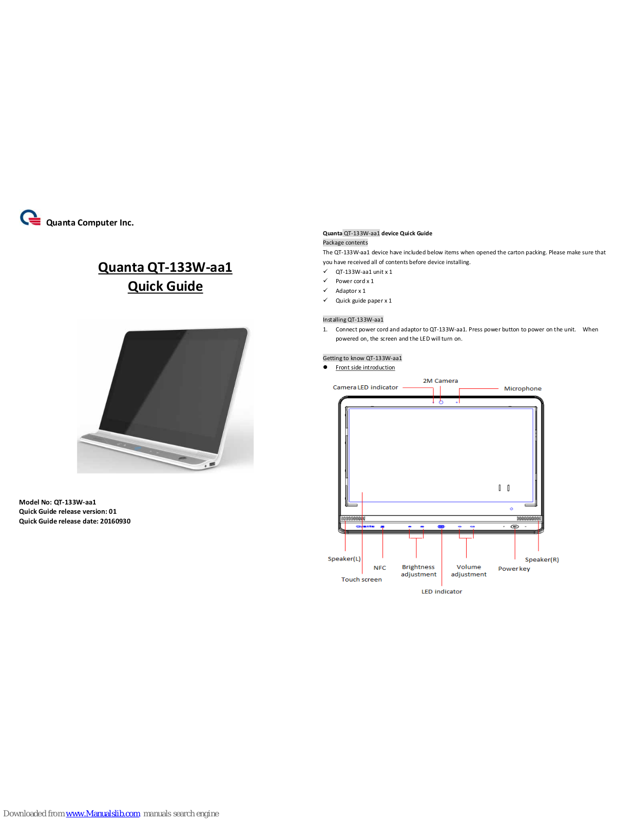 QUANTA QT-133W-aa1 Quick Manual