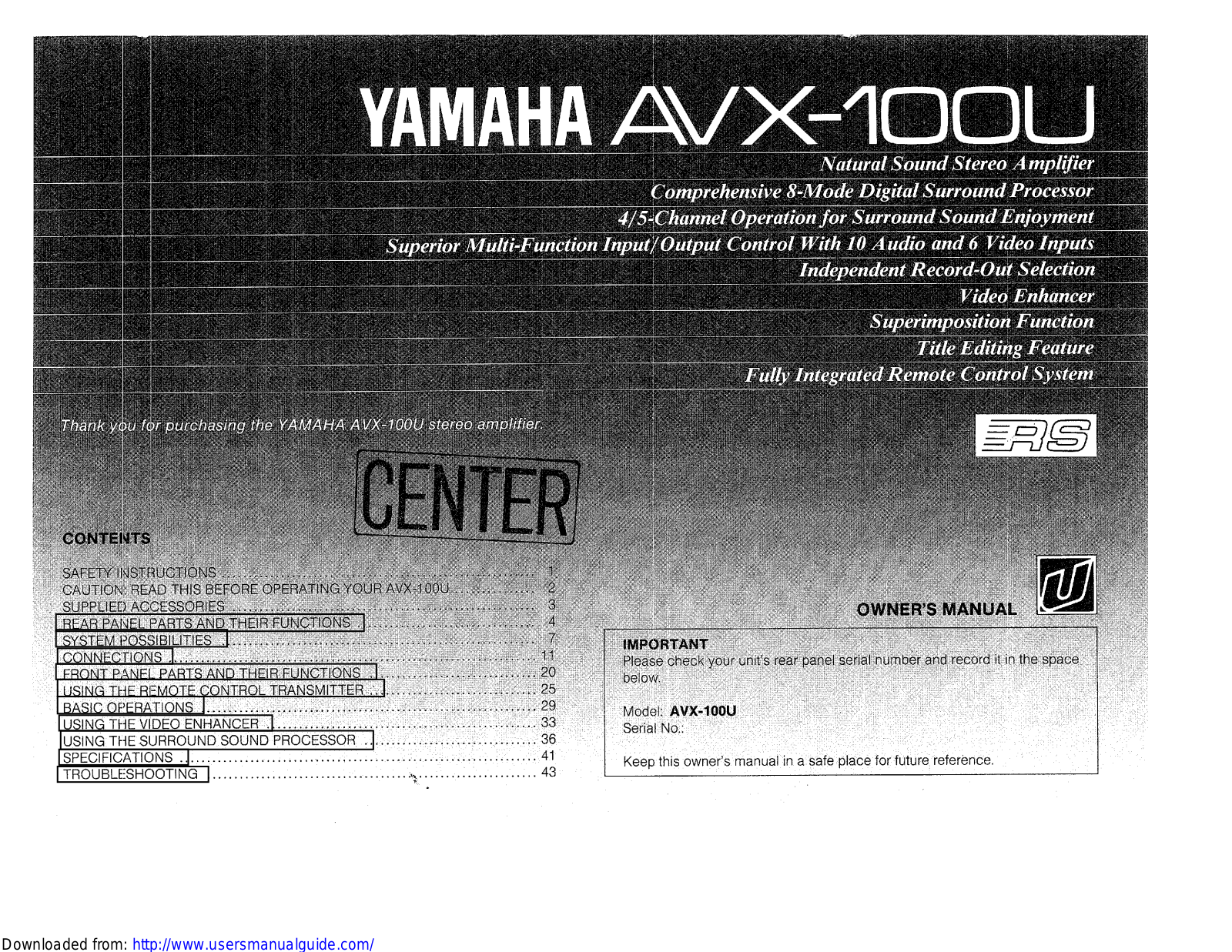 Yamaha Audio AVX-100U User Manual