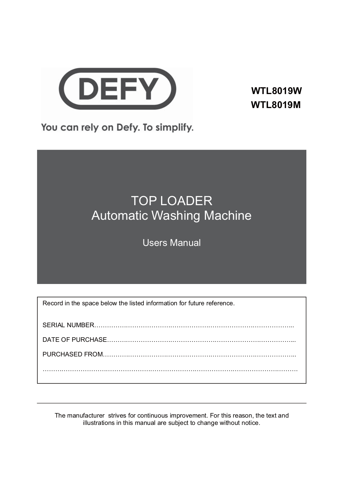 Defy WTL8019M, WTL8019W User Manual