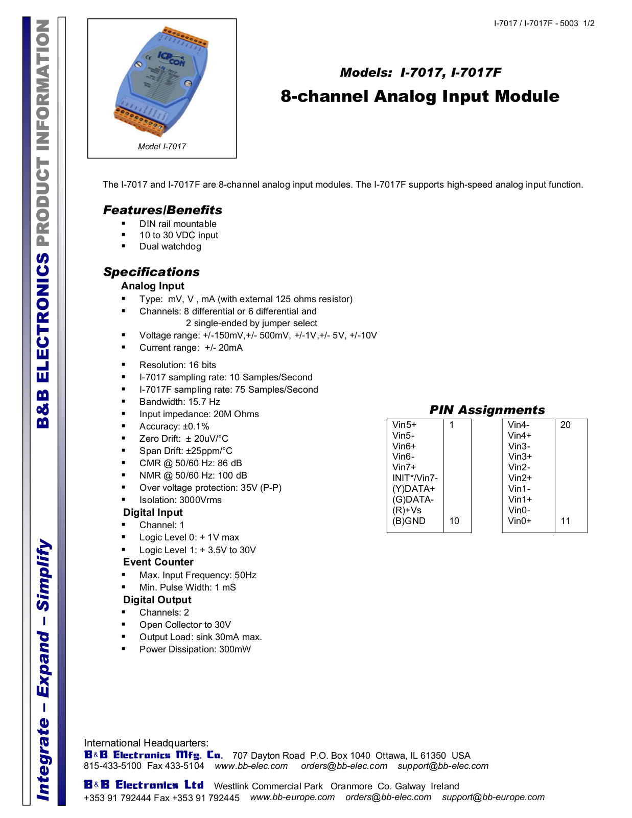 B&B Electronics I-7017 Datasheet