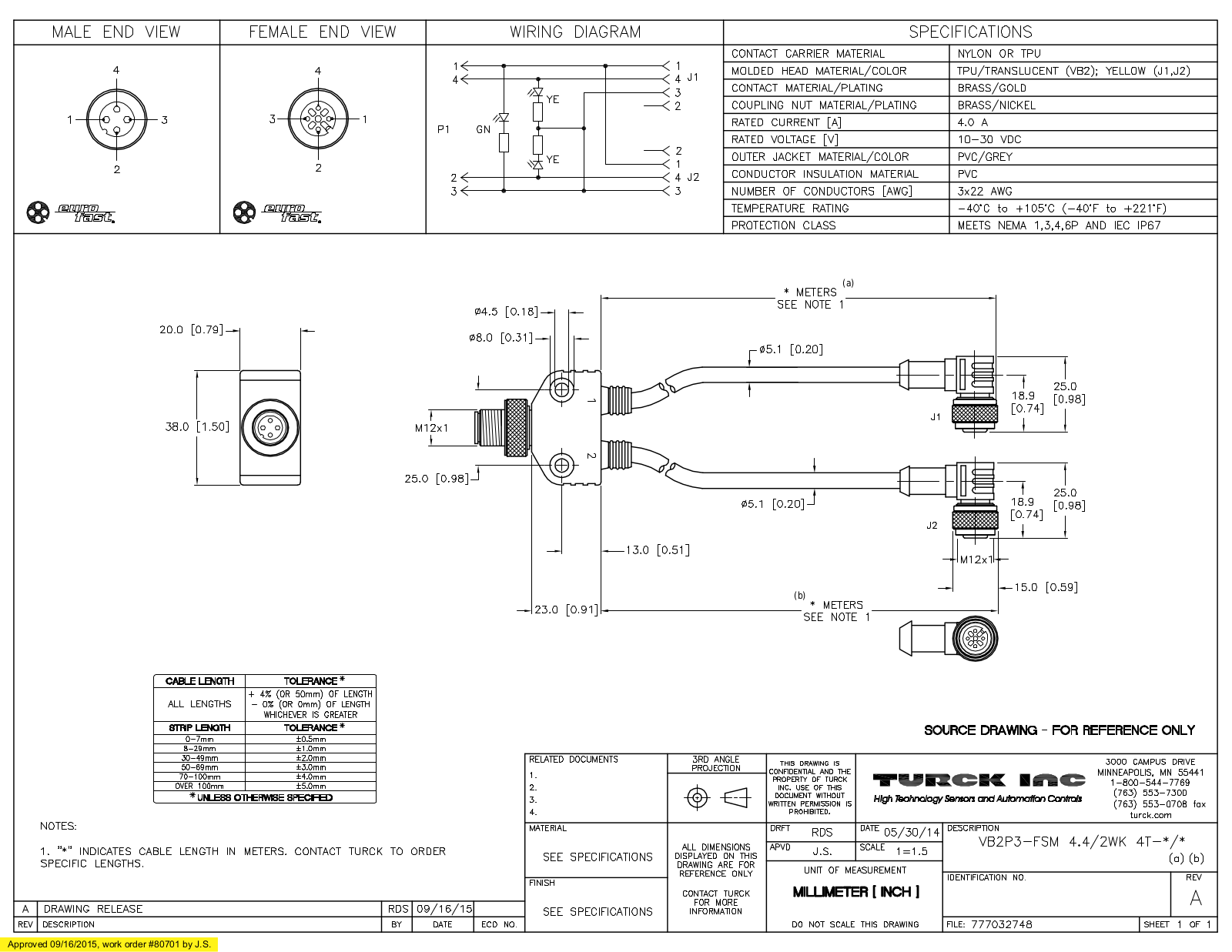 Turck VB2P3-FSM4.4/2WK4T-0.30.3 Specification Sheet