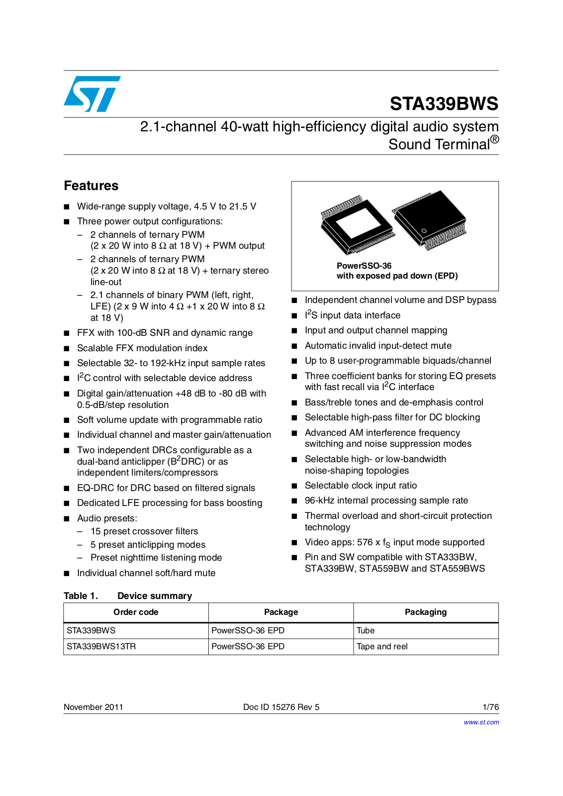 ST STA339BWS User Manual