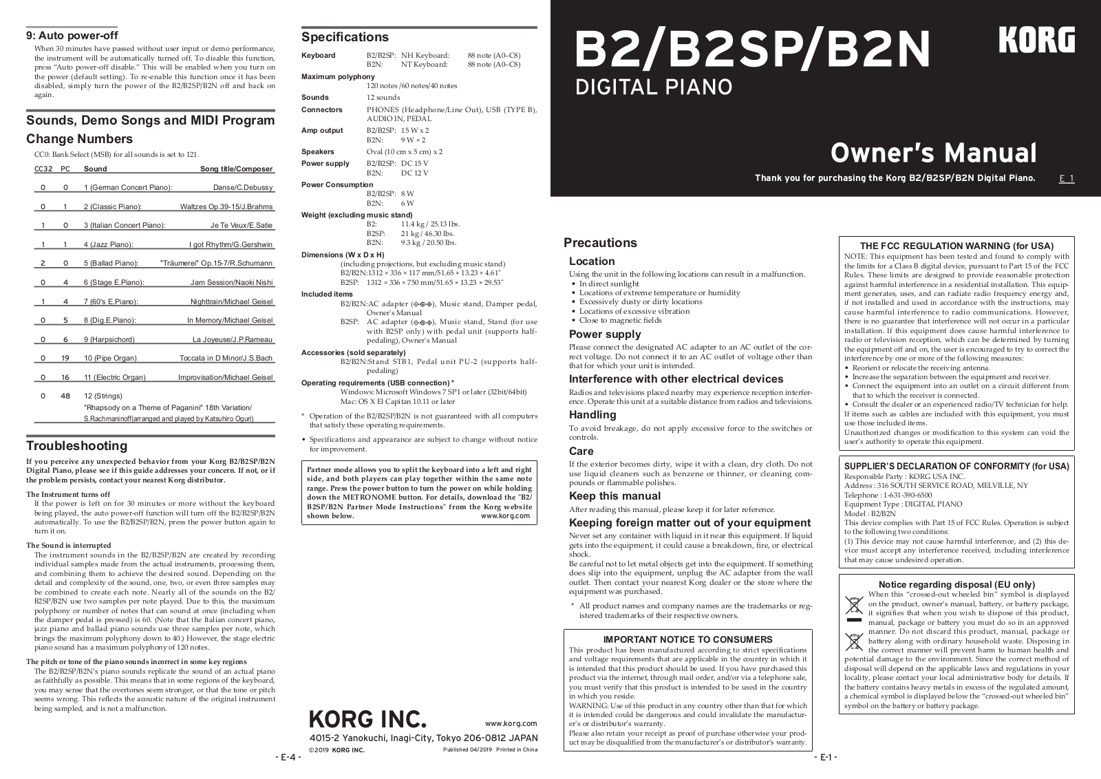 Korg B2BK, B2SP Users Manual