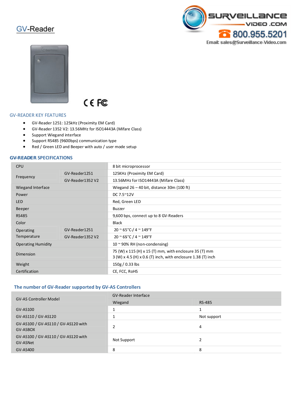 Geovision GV‐Reader1251, GV‐Reader1352 V2 Specsheet