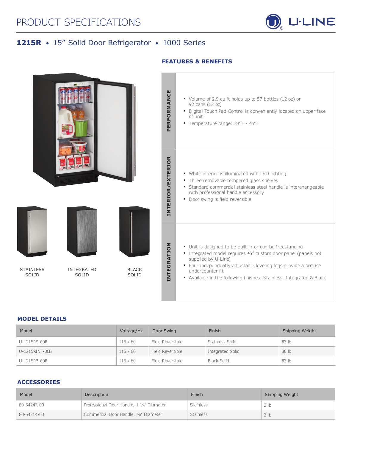 U-Line U1215RB00B Specifications