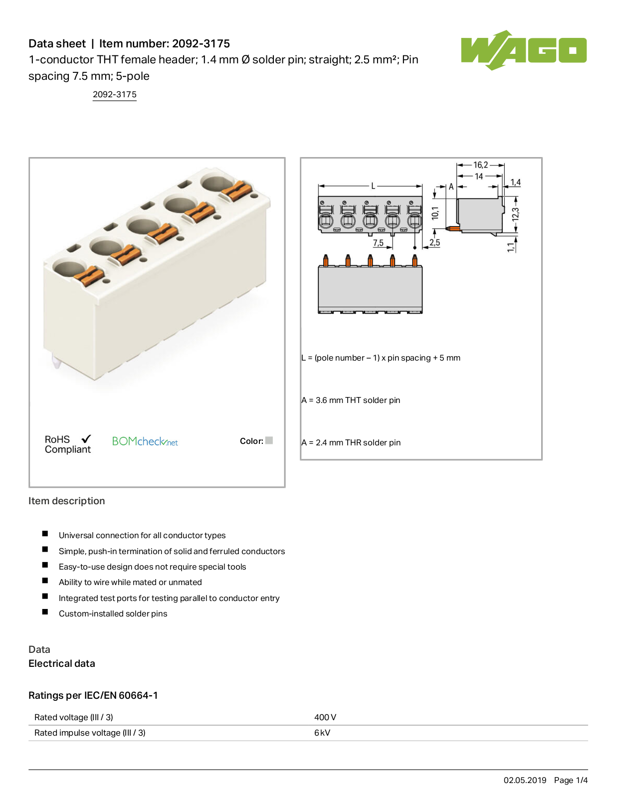 Wago 2092-3175 Data Sheet