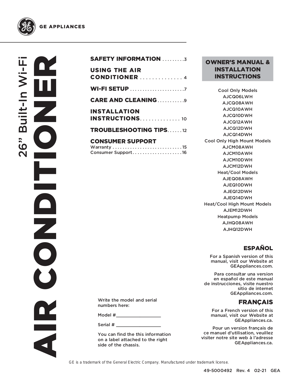 GE AJCQ06LWH, AJCQ08AWH, AJCQ10AWH, AJCQ10DWH, AJCQ12AWH Owner’s Manual & Installation Instructions