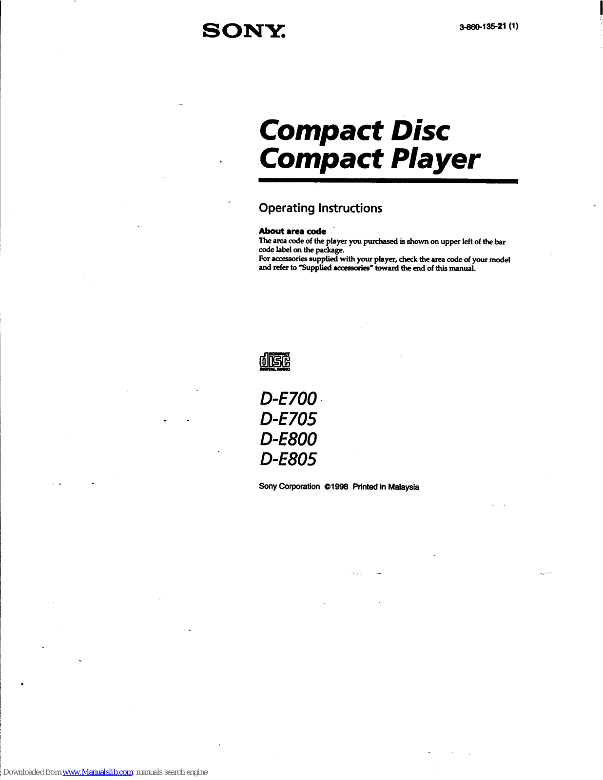 Sony D-E705 - Compact Disc Player, D-E805, D-E700, D-E800 Operating Instructions Manual