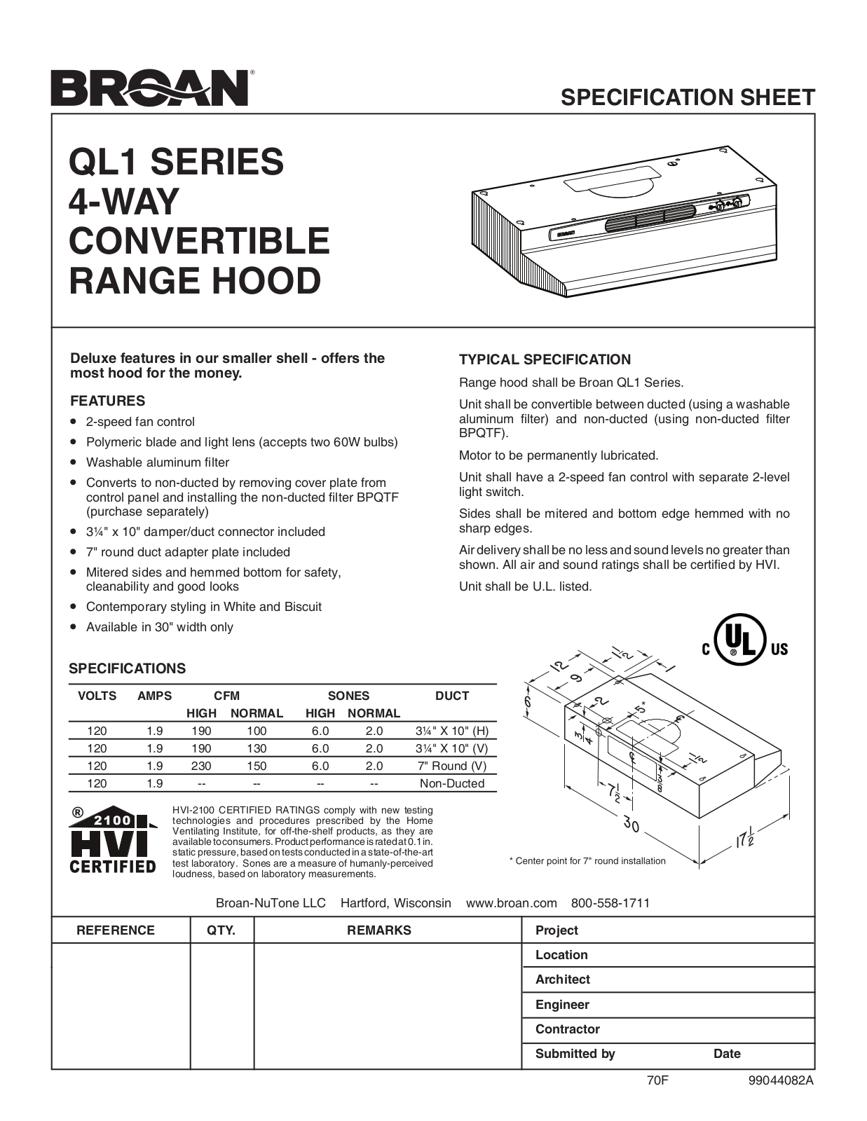 Broan QL1 User Manual