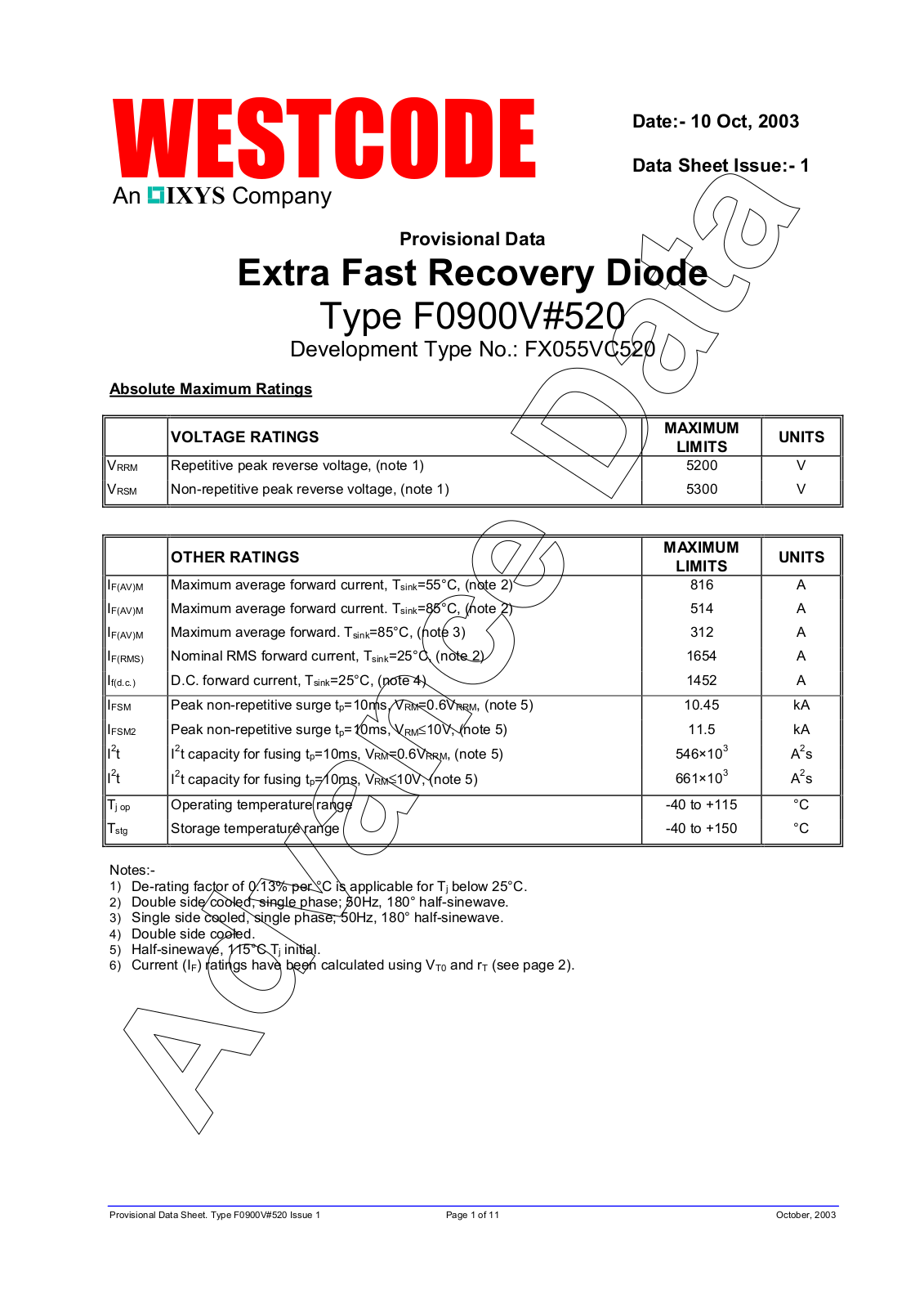 Westcode Semiconductors F0900V#520 Data Sheet