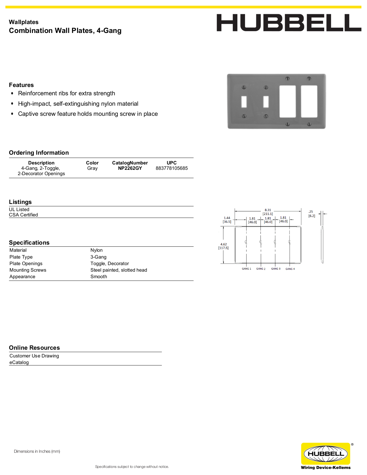 Hubbell NP2262GY Specifications