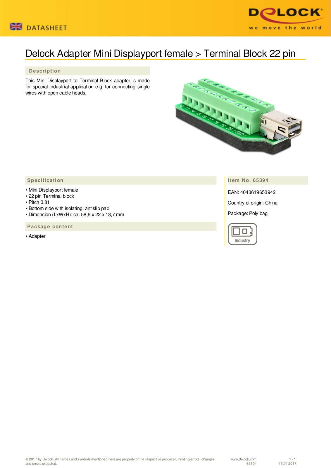 DeLOCK mini DisplayPort [socket] on 22-Pin-Terminalblock adapter User Manual