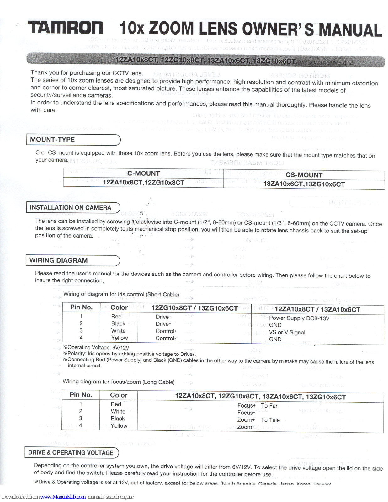 Tamron 12ZA10X8CT, 12ZG10X8CT, 13ZA10X6CT, 13ZG10X6CT Owner's Manual
