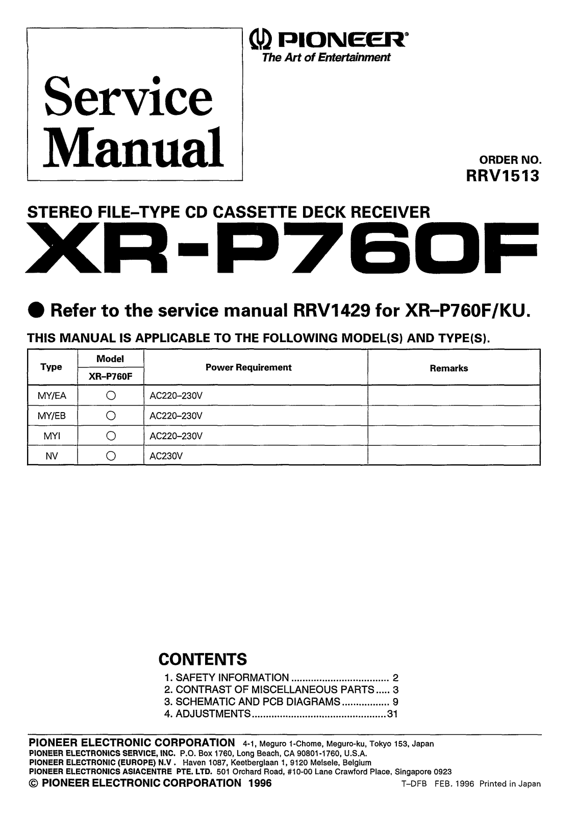 PIONEER XR P760F Service Manual