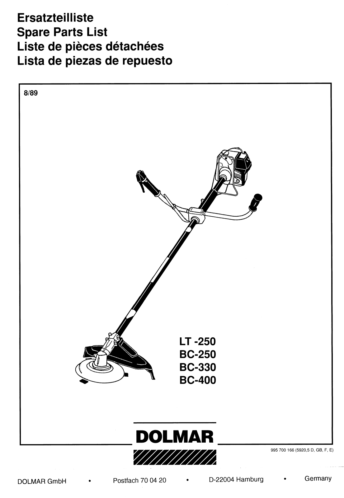 Dolmar LT-250, BC-330, BC-400 Spare Parts List