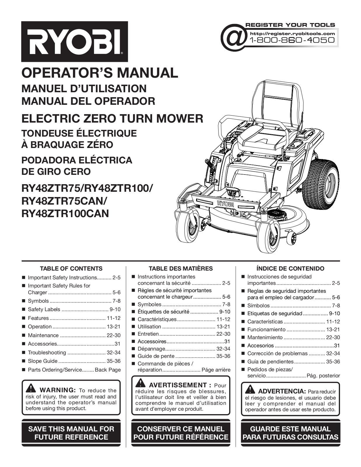 Ryobi RY48ZTR75, RY48ZTR100, RY48ZTR75CAN, RY48ZTR100CAN user guide - ManualMachine.com