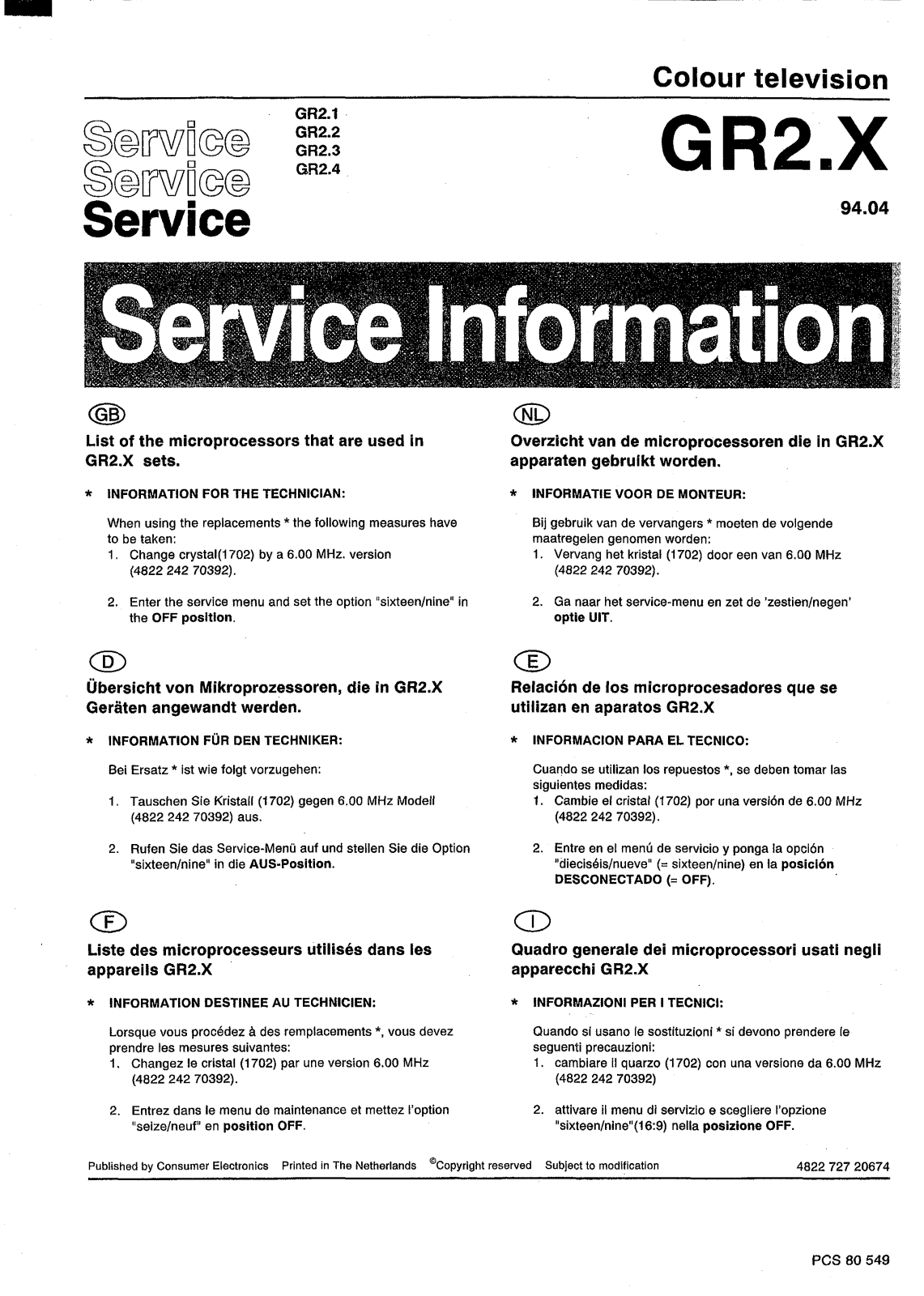 Philips GR-2.1, GR-2.2, GR-2.3, GR-2.4 Service Information