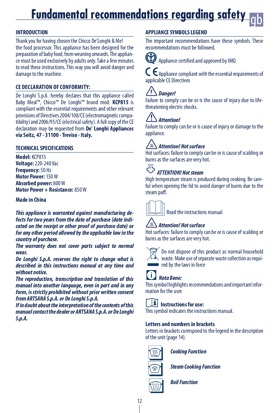 DeLonghi KCP815 User Manual