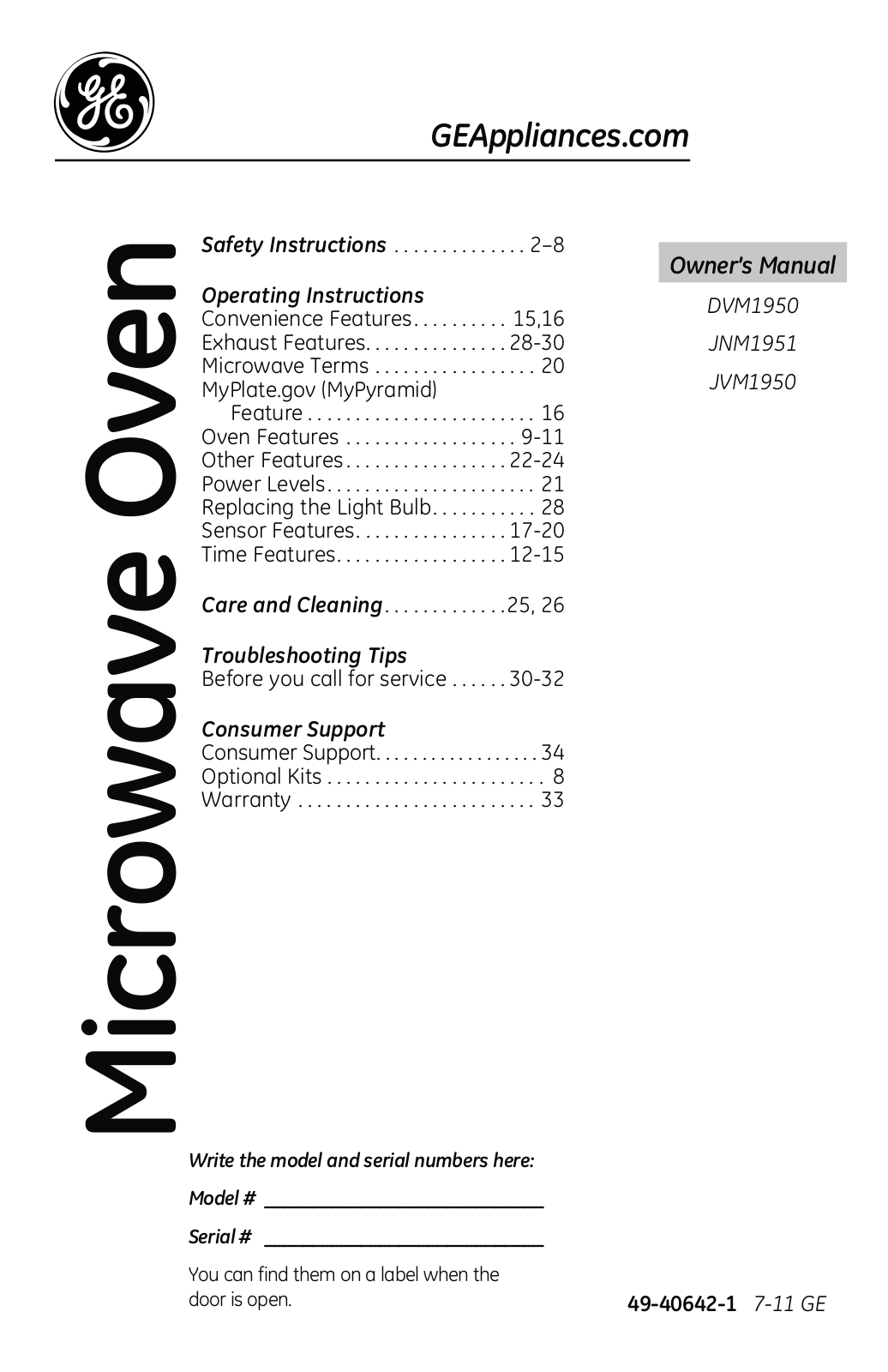 GE DVM1950, JNM1951, JVM1950 Owner’s Manual