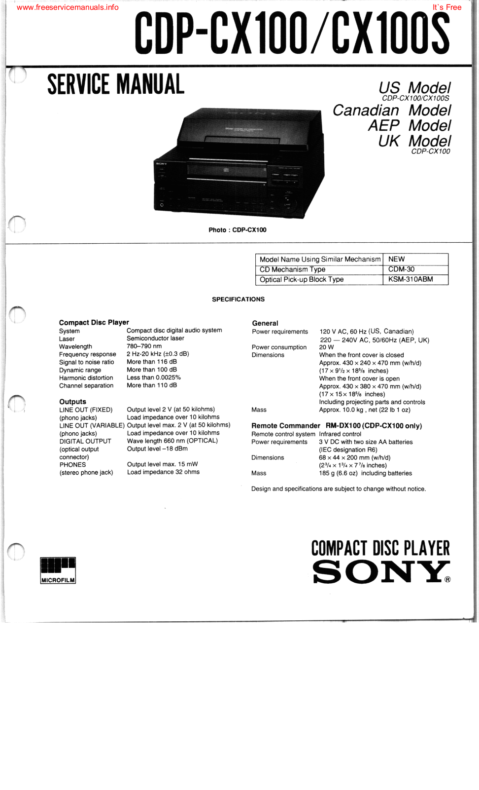 sony cdp-cx100, cdp-cx100s Service Manual