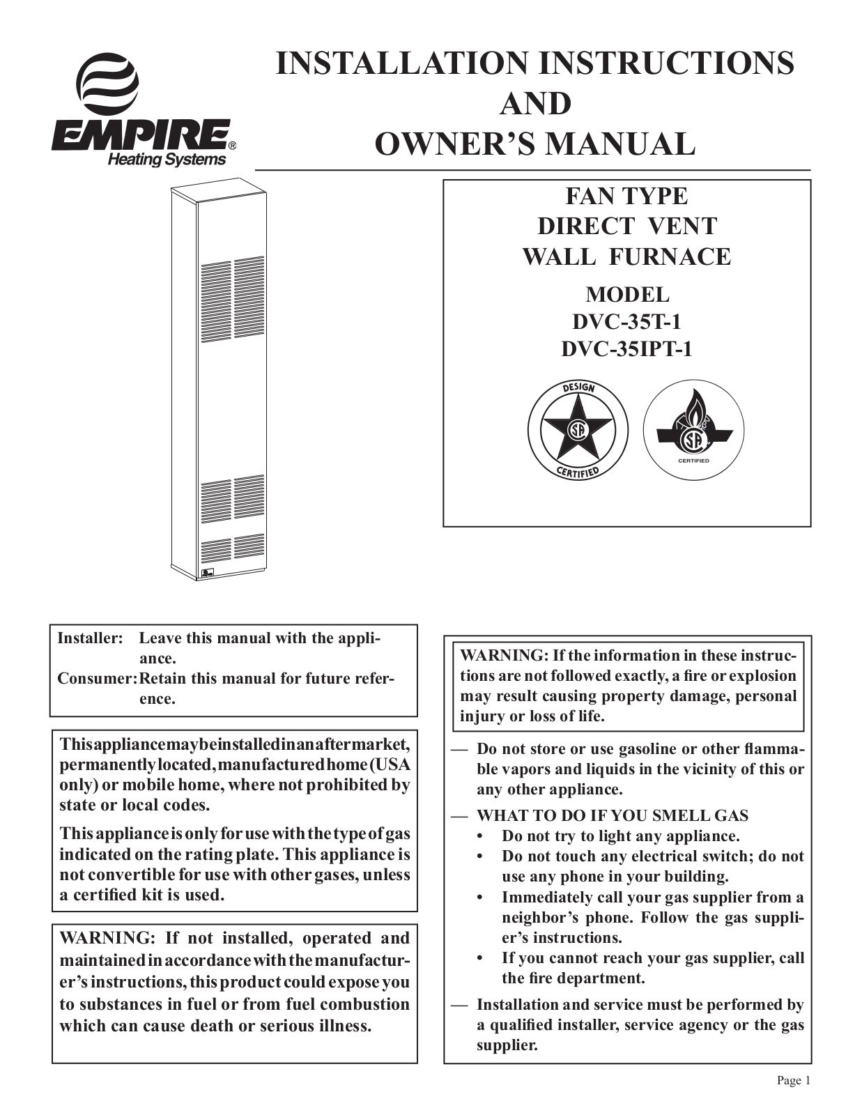 Empire Heating Systems DVC-35T-1, DVC-35IPT-1 Installation Instructions And Owner's Manual