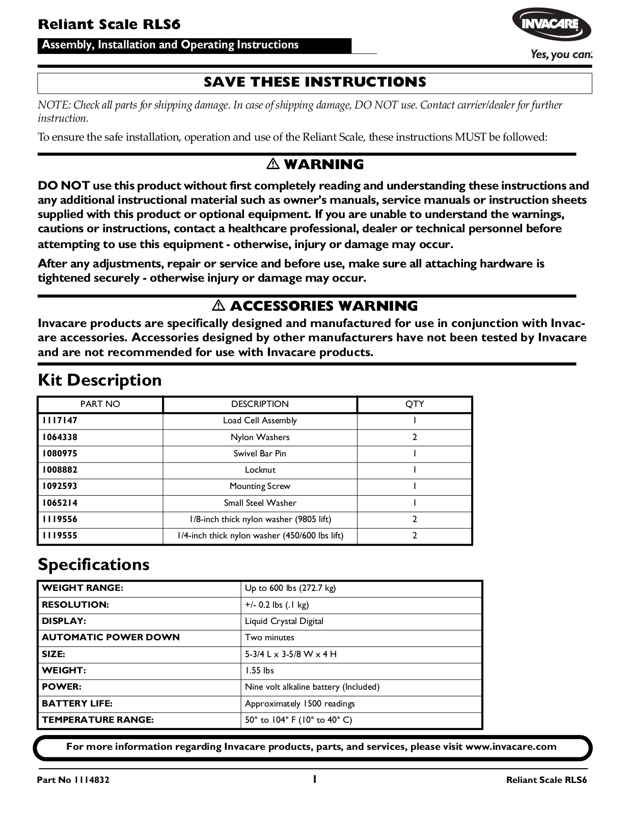 Invacare RLS6 User Manual