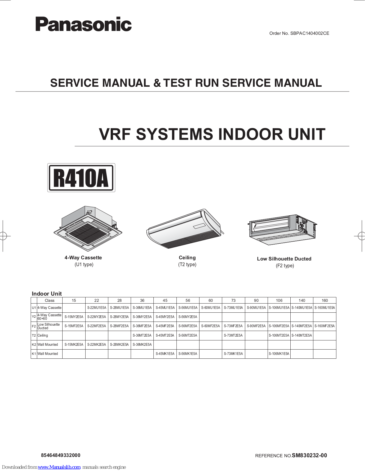 Panasonic S-15MY2E5A, S-22MK2E5A, S-22MF2E5A, S-15MF2E5A, S-28MU1E5A Service Manual