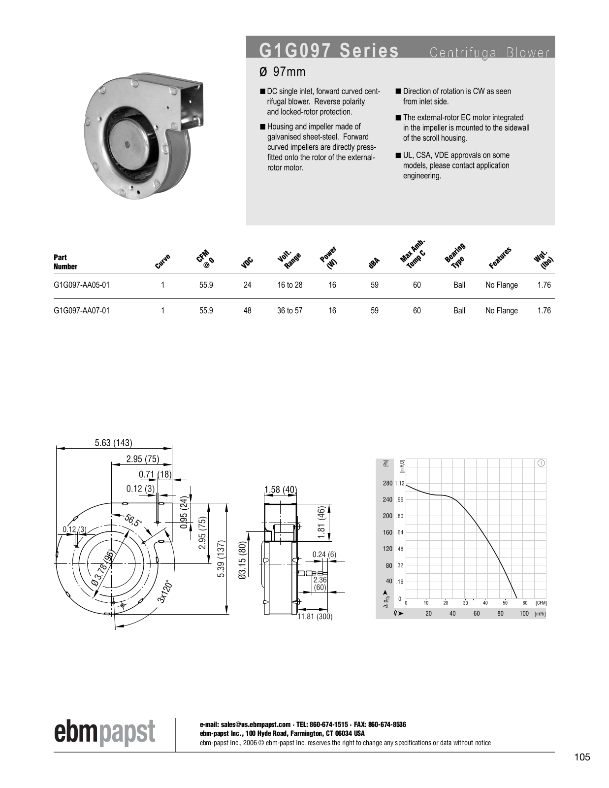 ebm-papst Centrifugal Blower Series G1G097 Catalog Page