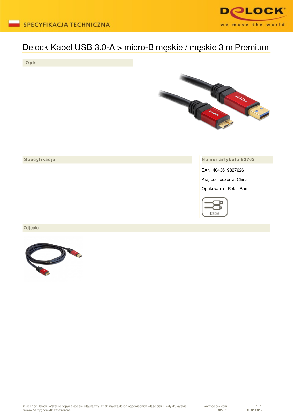 DeLOCK Premium USB-A 3.0 to USB 3.0 micro-B adapter cable, 3m User Manual