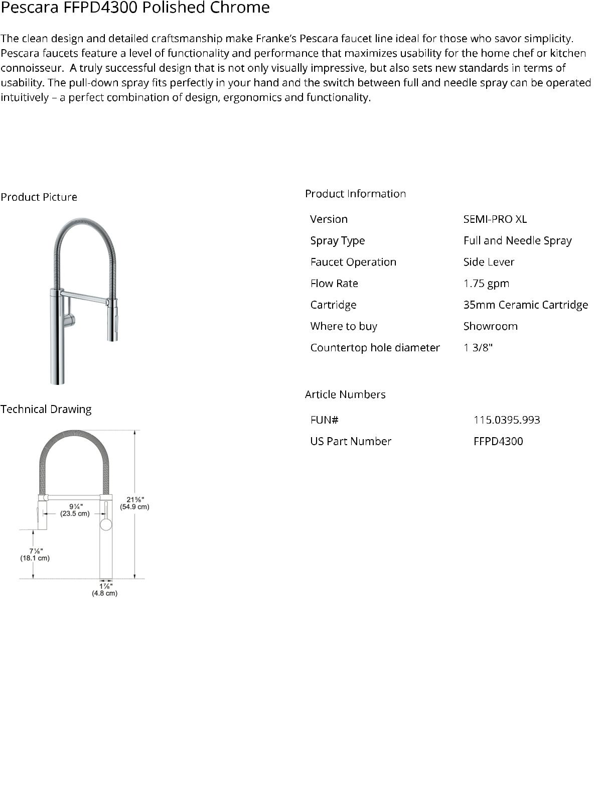 Franke FFPD4300 Specifications