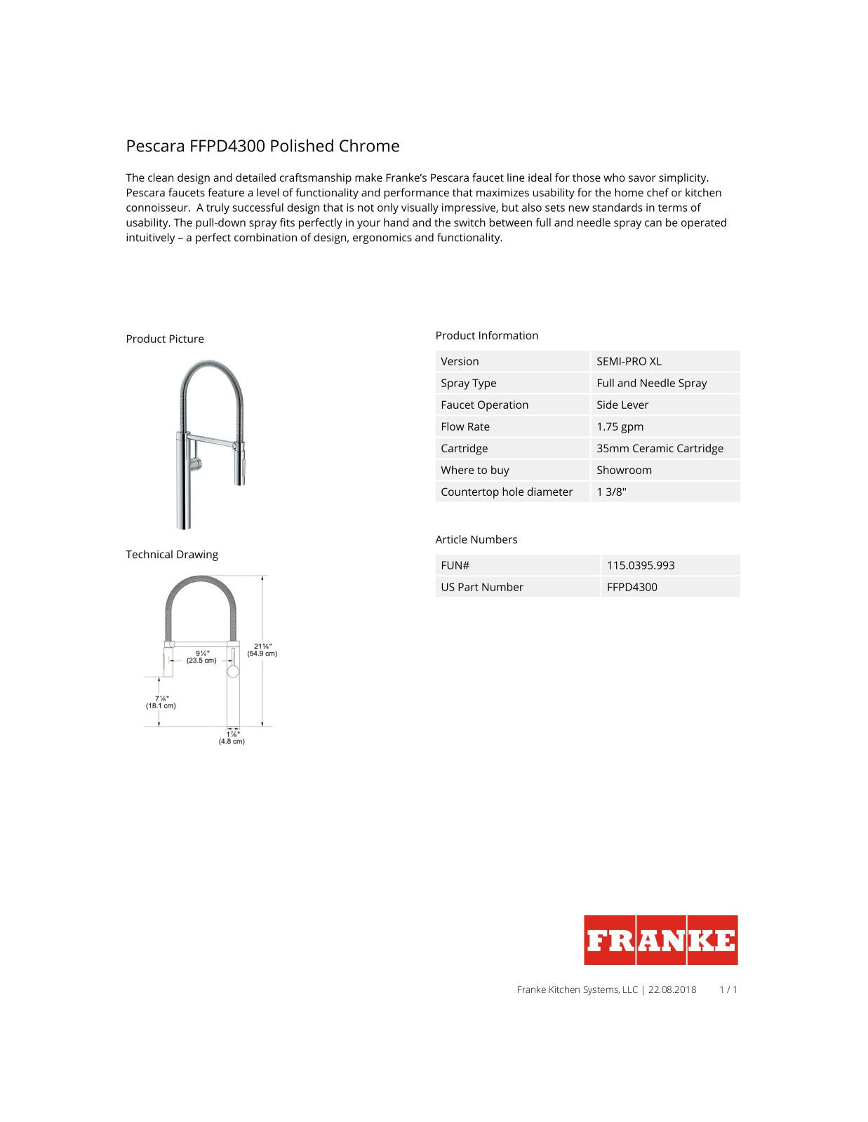 Franke FFPD4300 Specifications