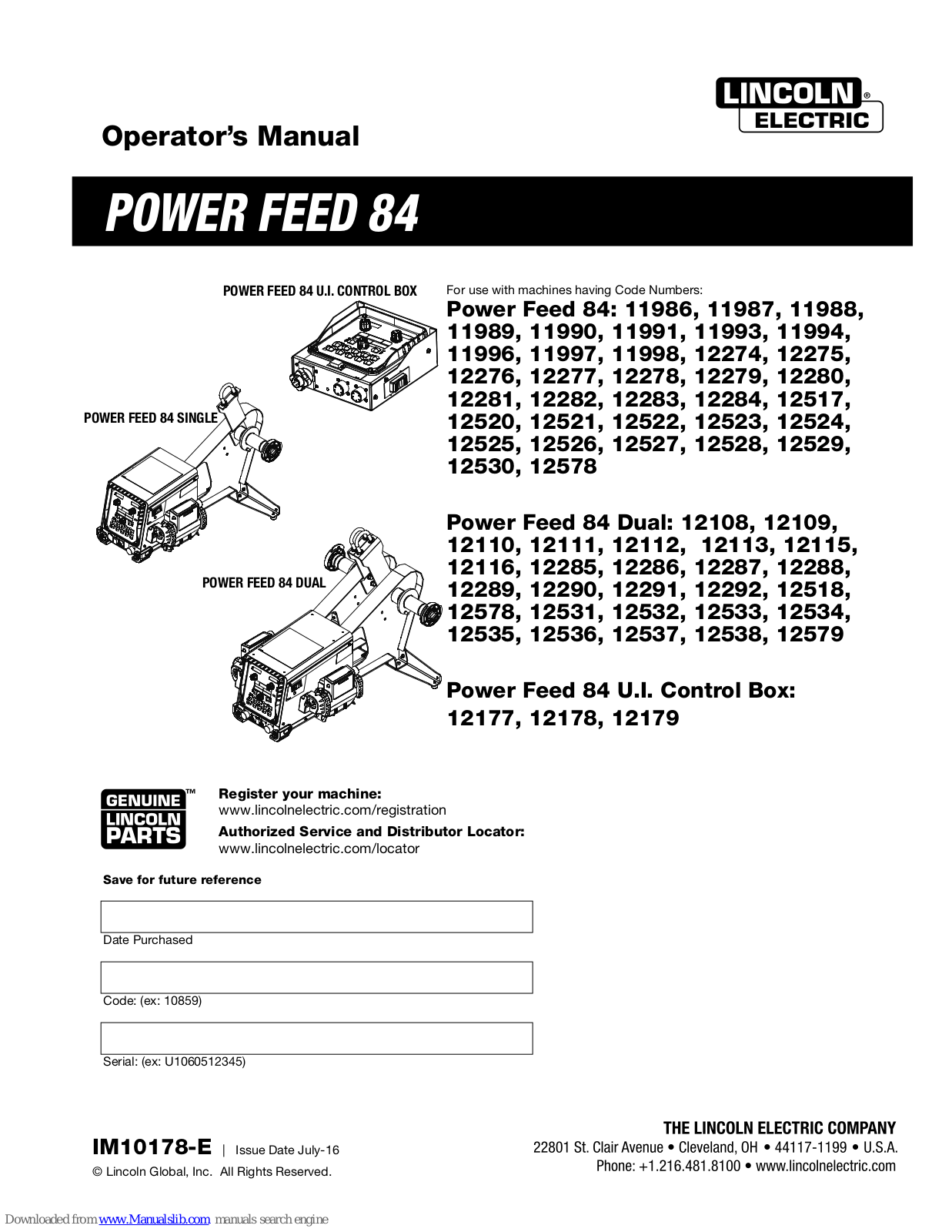 Lincoln Electric POWER FEED 84 SINGLE, POWER FEED 84 DUAL Operator's Manual