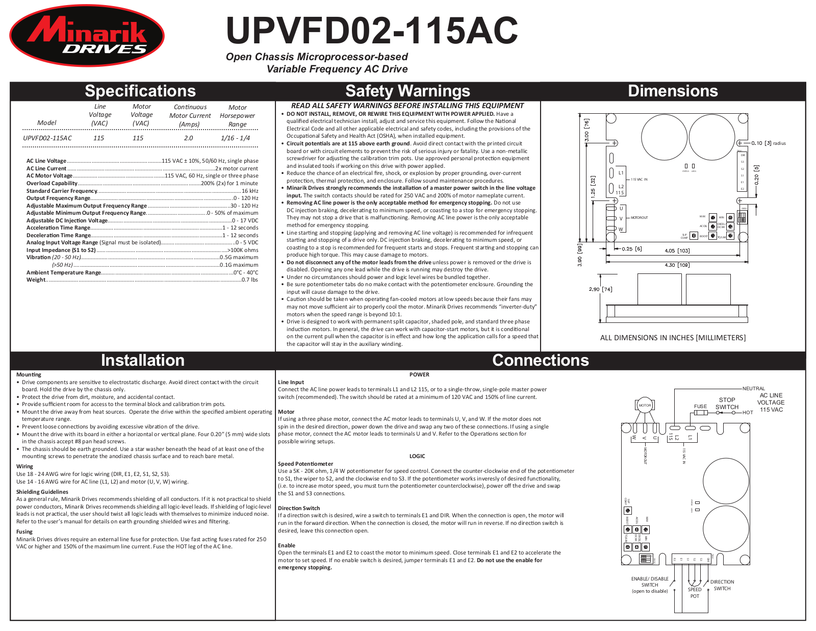 Minarik Drives UPVFD02-115AC Quick Start Guide