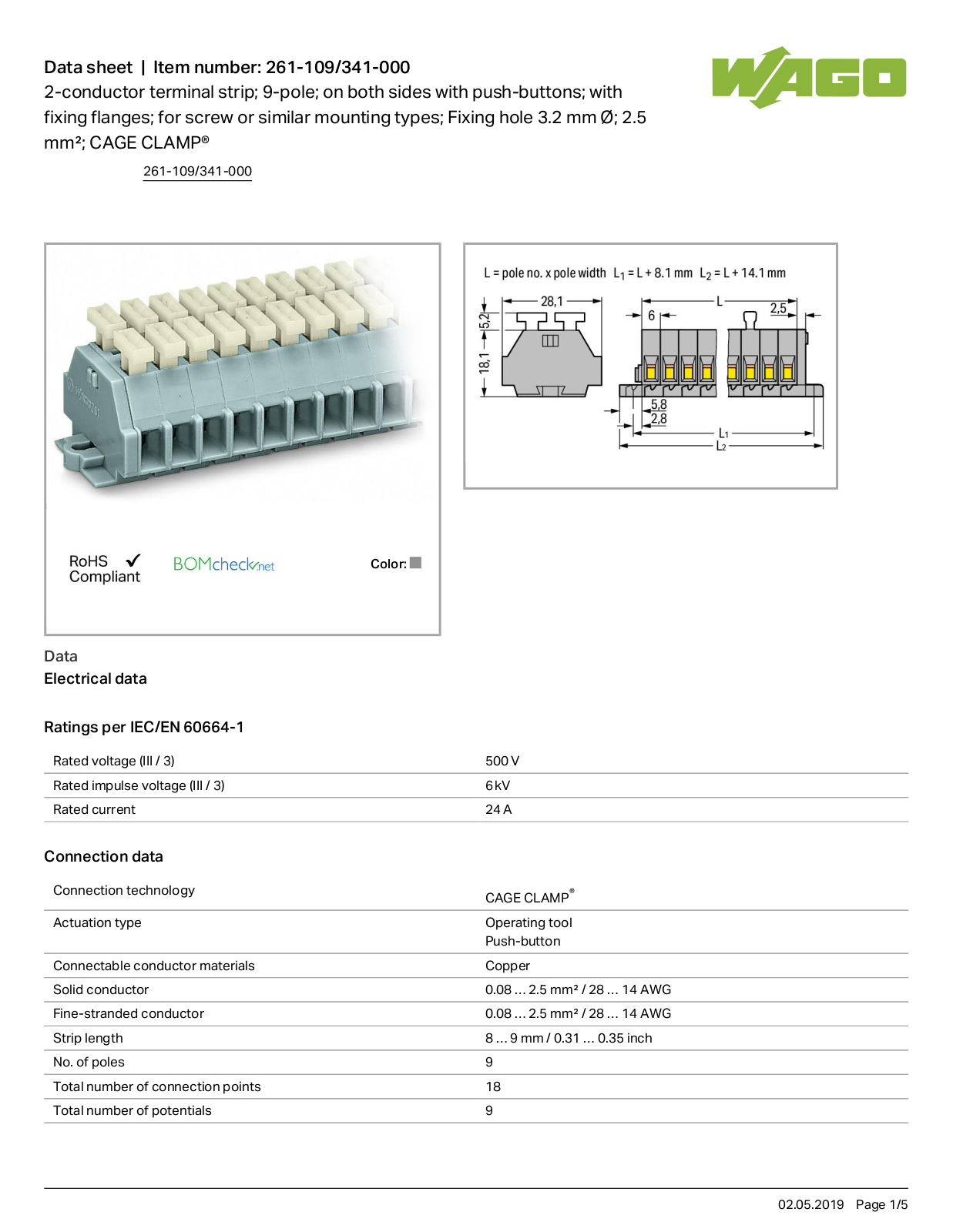 Wago 261-109/341-000 Data Sheet