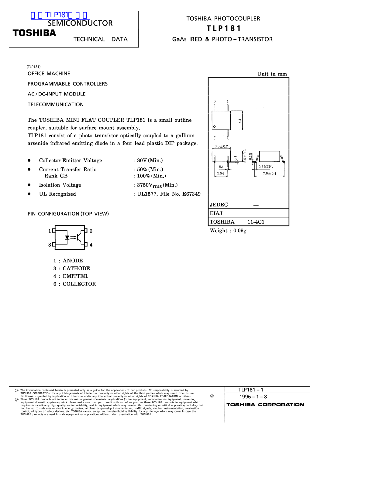 TOSHIBA TLP181 Technical data