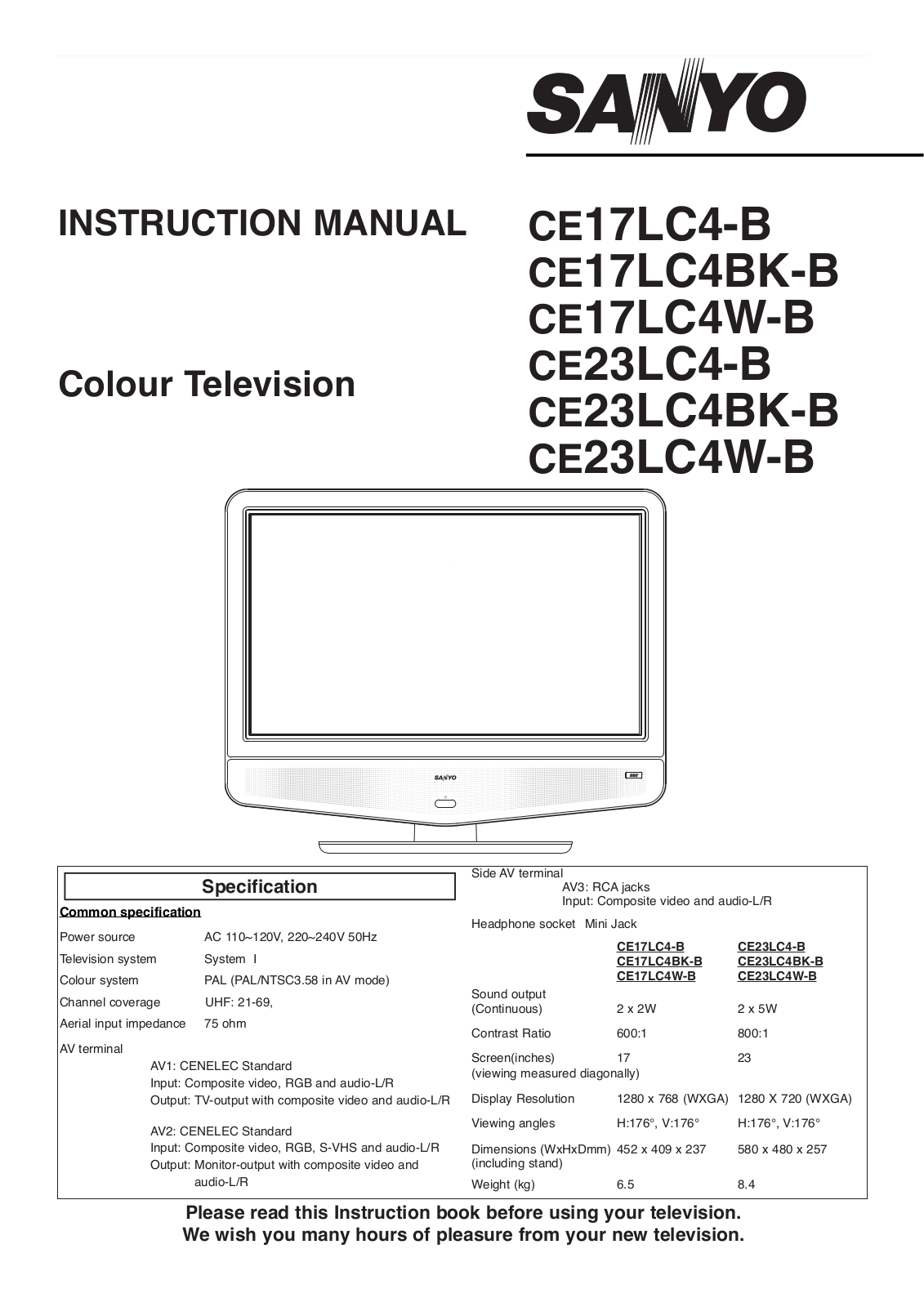 Sanyo CE17LC4-B, CE17LC4BK-B, CE17LC4W-B, CE23LC4-B, CE23LC4BK-B Instruction Manual