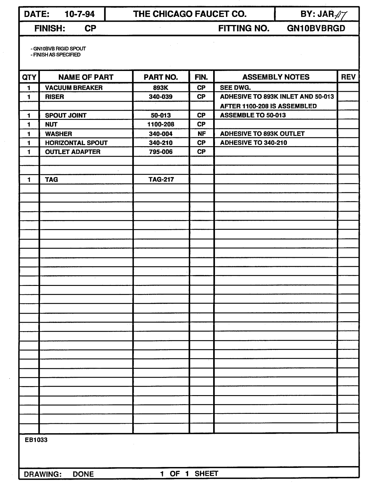 Chicago Faucet GN10BVBRGDJKCP Parts List